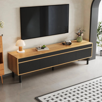 Elegant Stripe Design Stand, Sturdy Wooden Legs, 3 Doors, 67" L x 15" W x 18.5" H, Natural, Black TV Stands at Gallery Canada