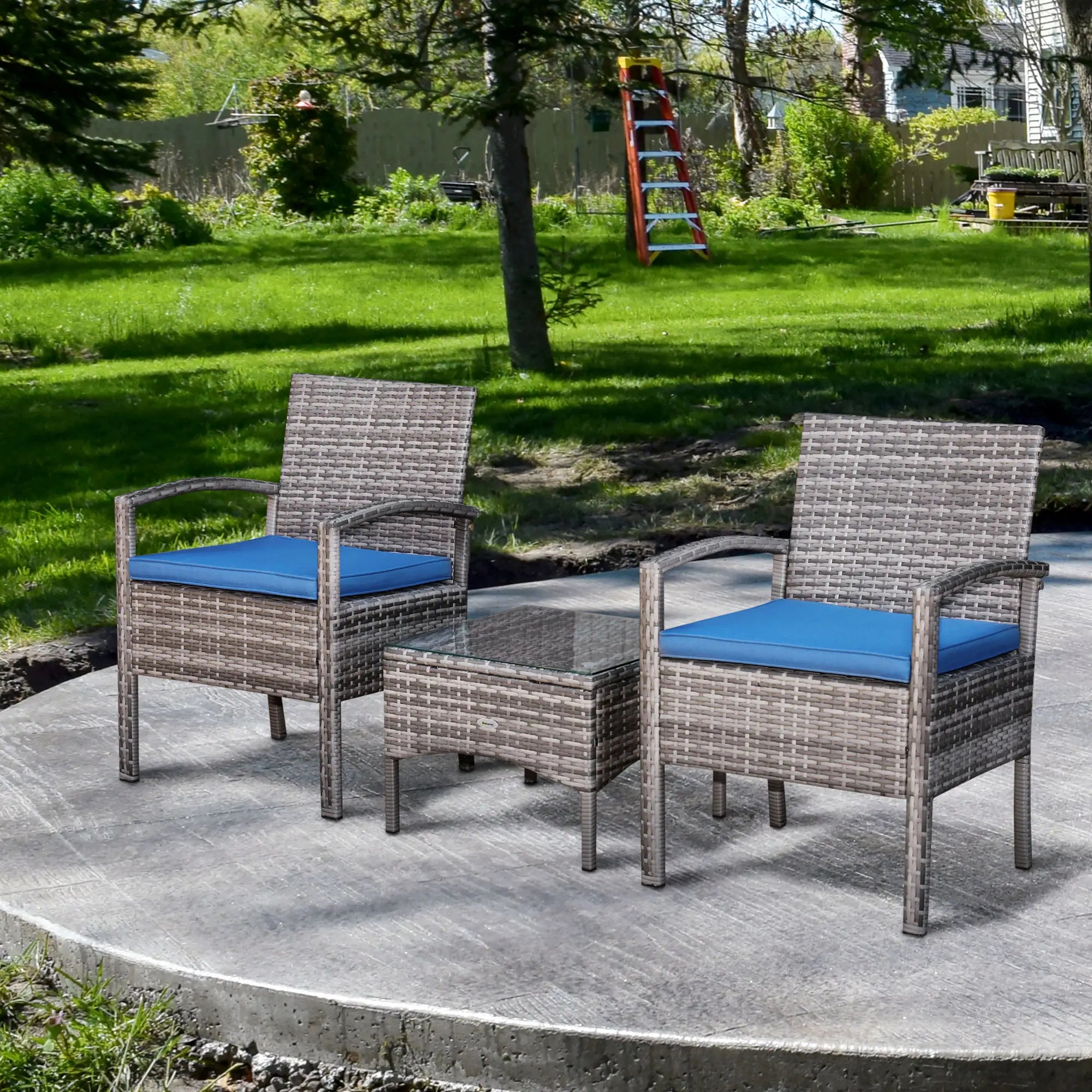 3-Piece Wicker Patio Set, Rattan Bistro with Coffee Table, Cushions, Blue Bistro Sets at Gallery Canada