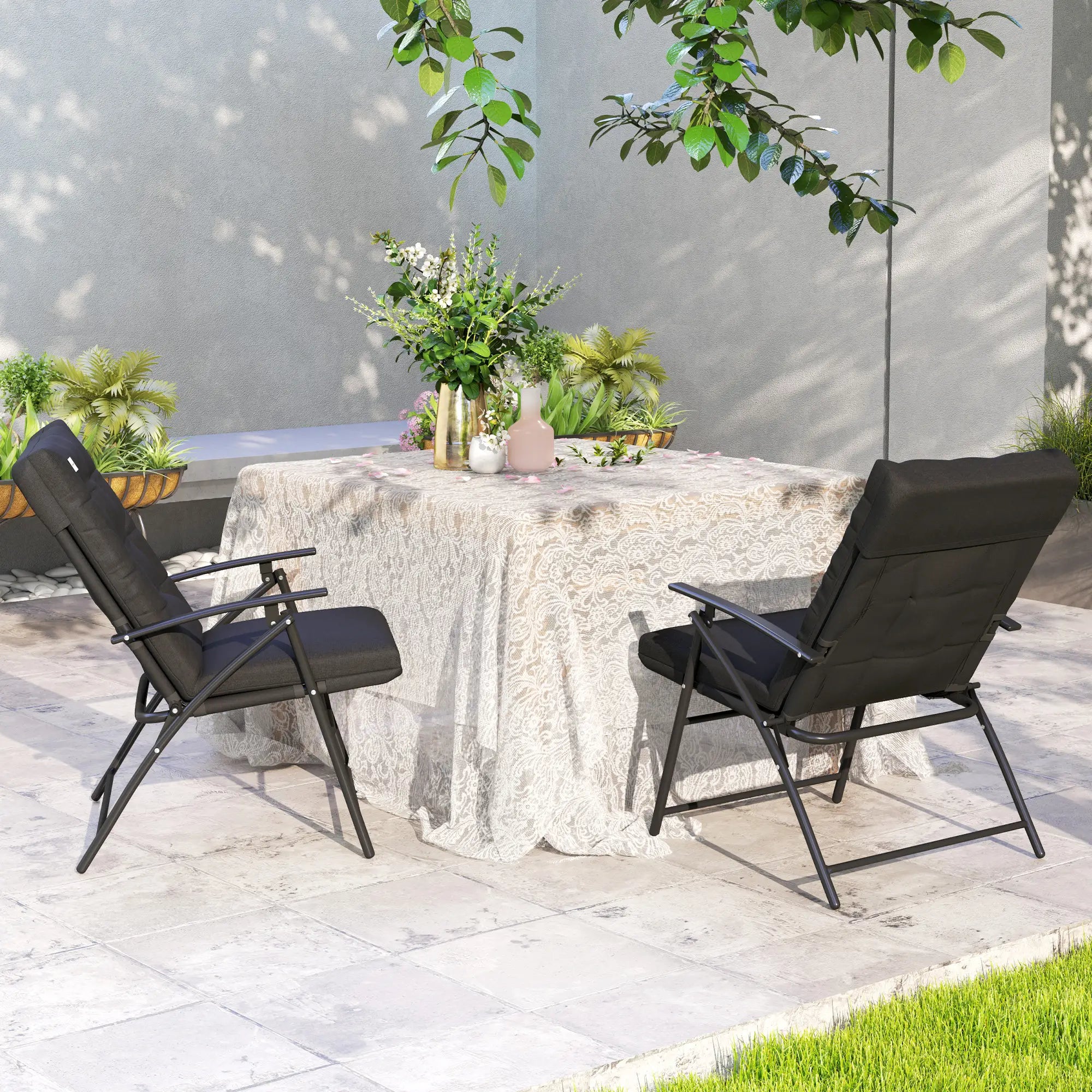 Outdoor Folding Chairs, Adjustable Backrest, Padded, Set of 2, Black Patio Chairs at Gallery Canada