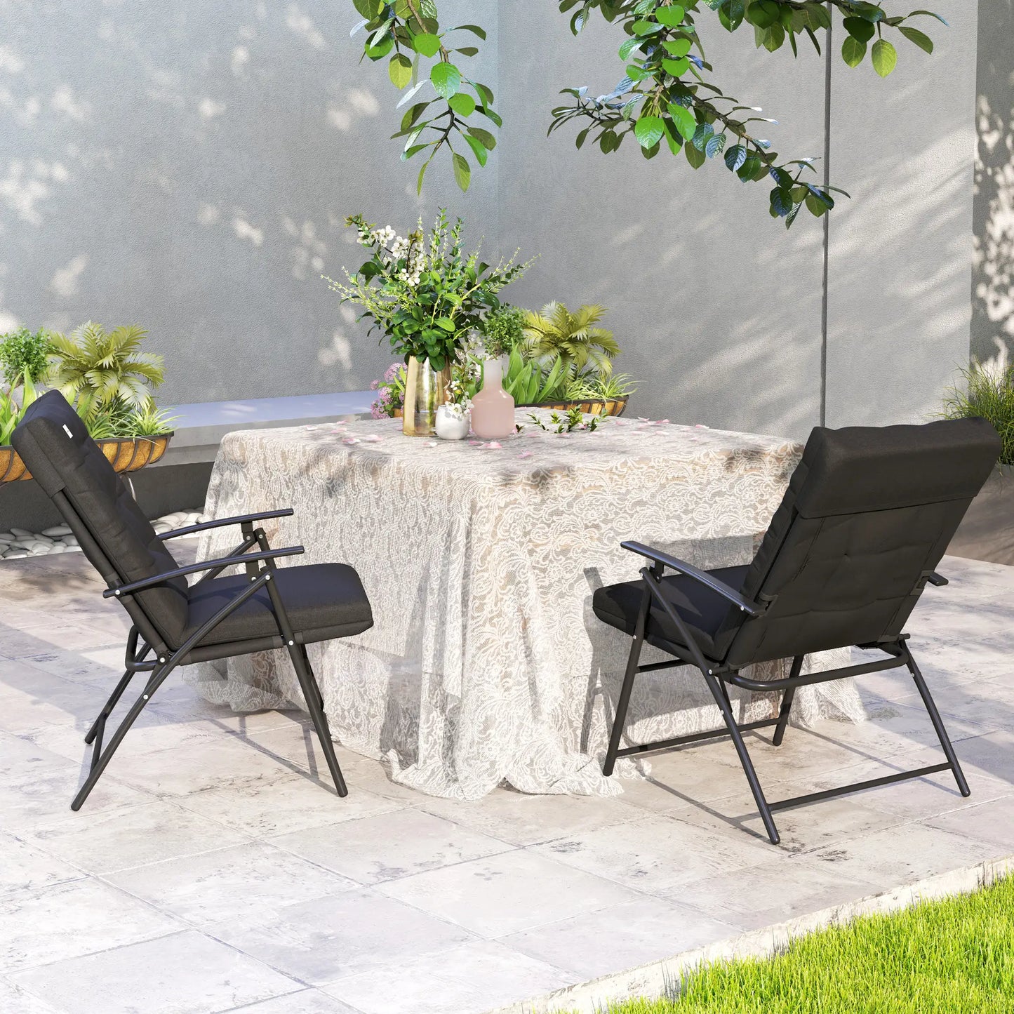 Outdoor Folding Chairs, Adjustable Backrest, Padded, Set of 2, Black Patio Chairs at Gallery Canada