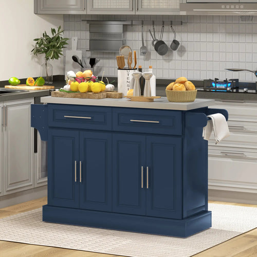 Rolling Kitchen Island with Storage, Stainless Steel Top, Blue