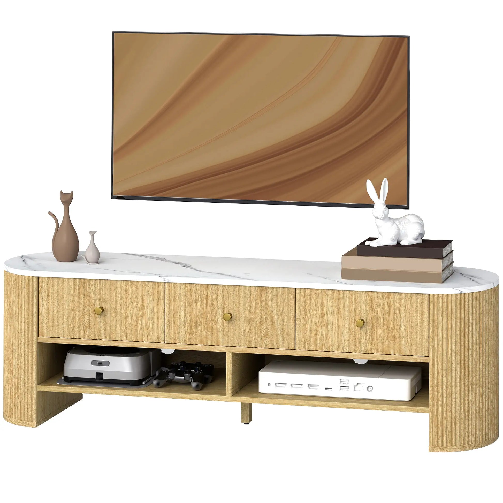 Modern TV Stand, Marble-Effect Top, 3 Drawers, 2 Shelves, 32-65 Inch, Natural TV Stands Natural, White at Gallery Canada