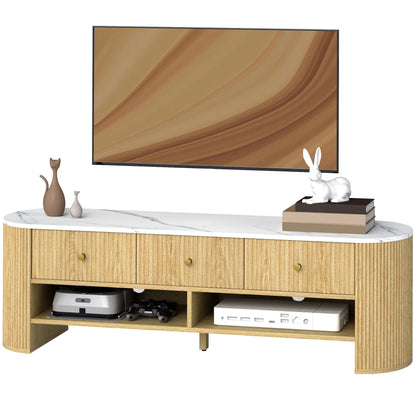 Modern TV Stand, Marble-Effect Top, 3 Drawers, 2 Shelves, 32-65 Inch, Natural TV Stands Natural, White at Gallery Canada
