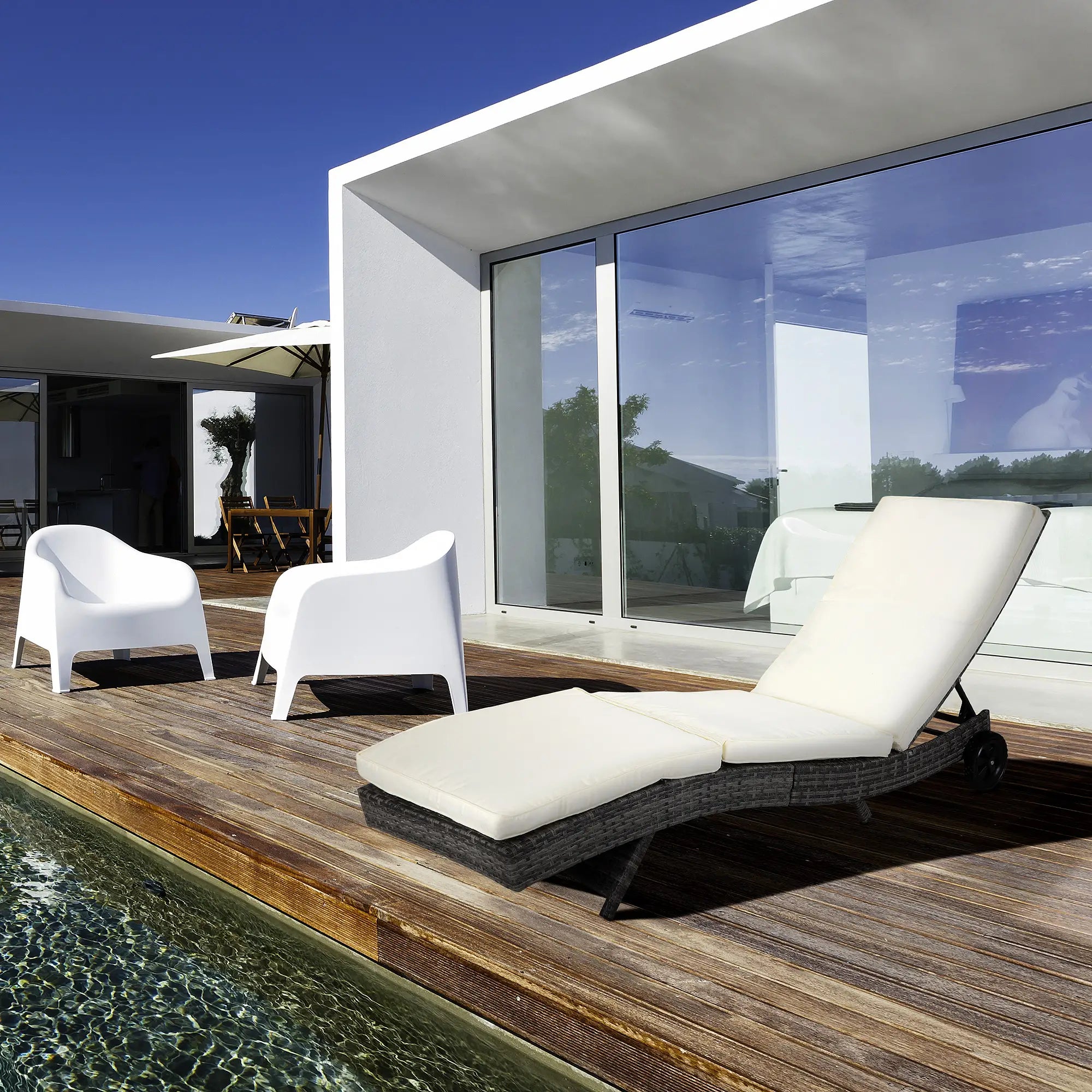 Adjustable Wicker Chaise Lounge with Cushion, Wheels, Cream White Chaise Loungers at Gallery Canada