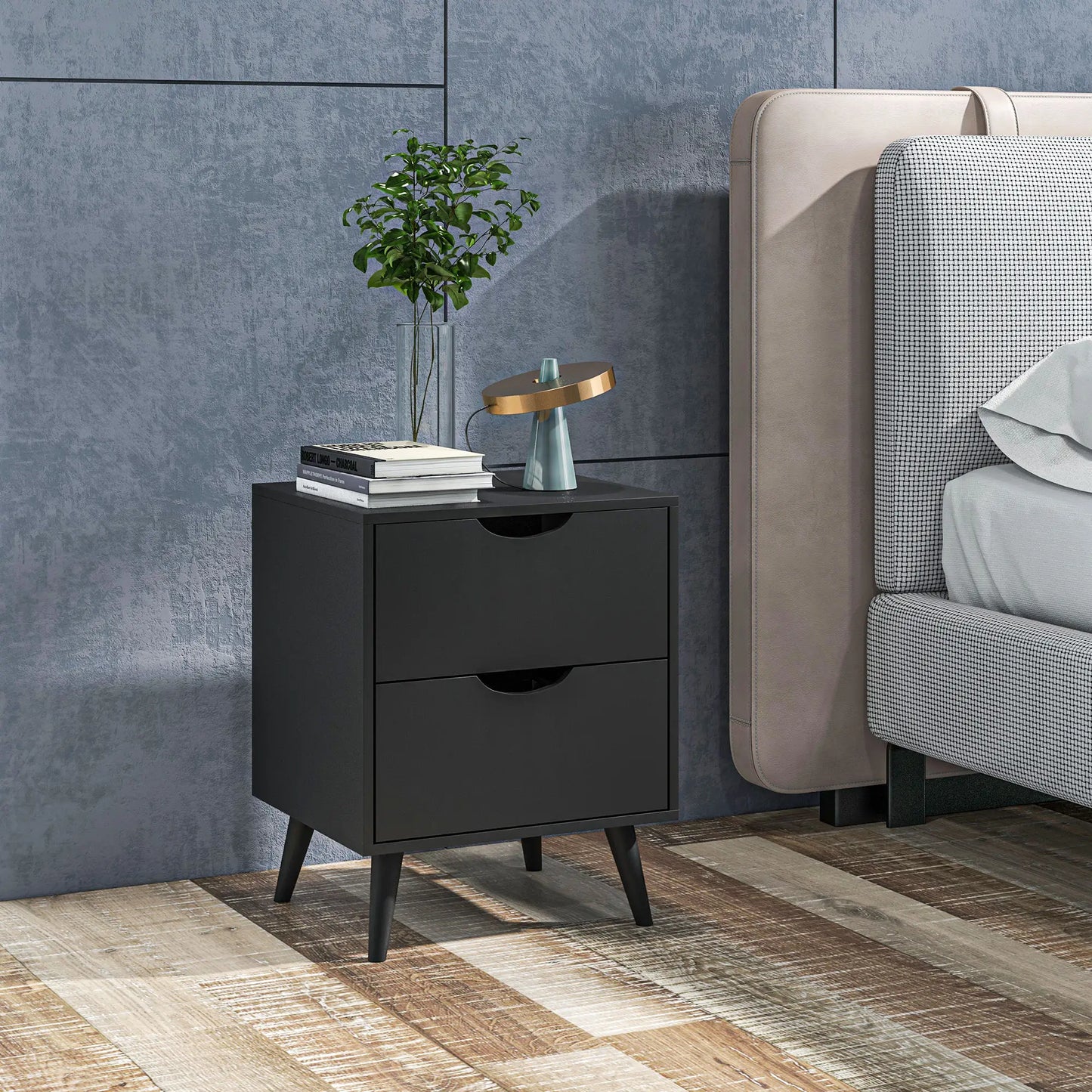 Modern Bedside Table, Nightstand with 2 Drawers, Pine Wood Legs, Black Bedside Tables at Gallery Canada