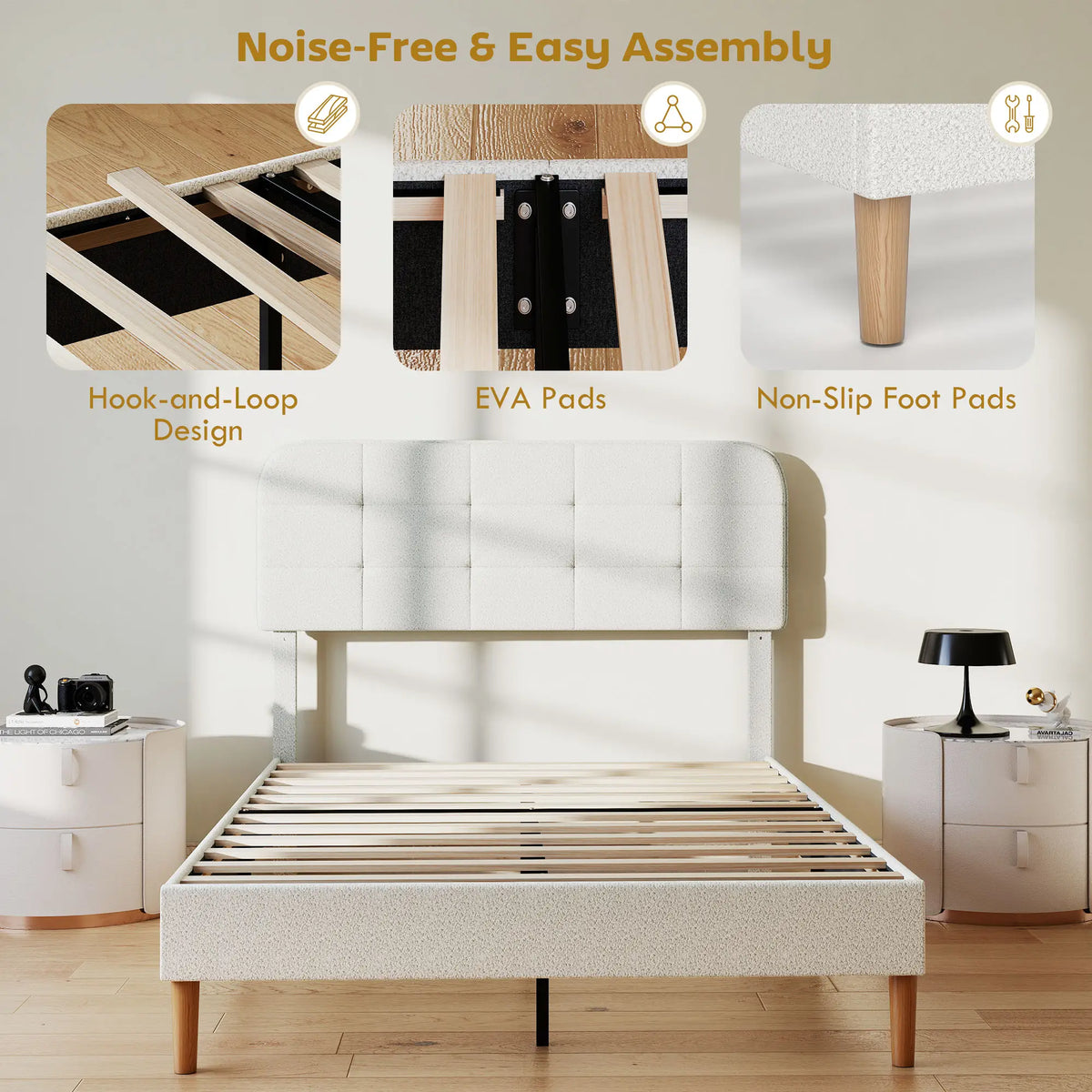Queen Size Upholstered Platform Bed Frame, Adjustable Headboard, White
