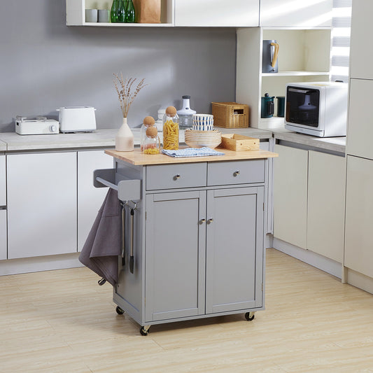 Rolling Kitchen Island with Storage, Kitchen Cart with Rubber Wood Top, Adjustable Shelf, Towel Rack, Hooks and Storage Drawers, Grey - Gallery Canada