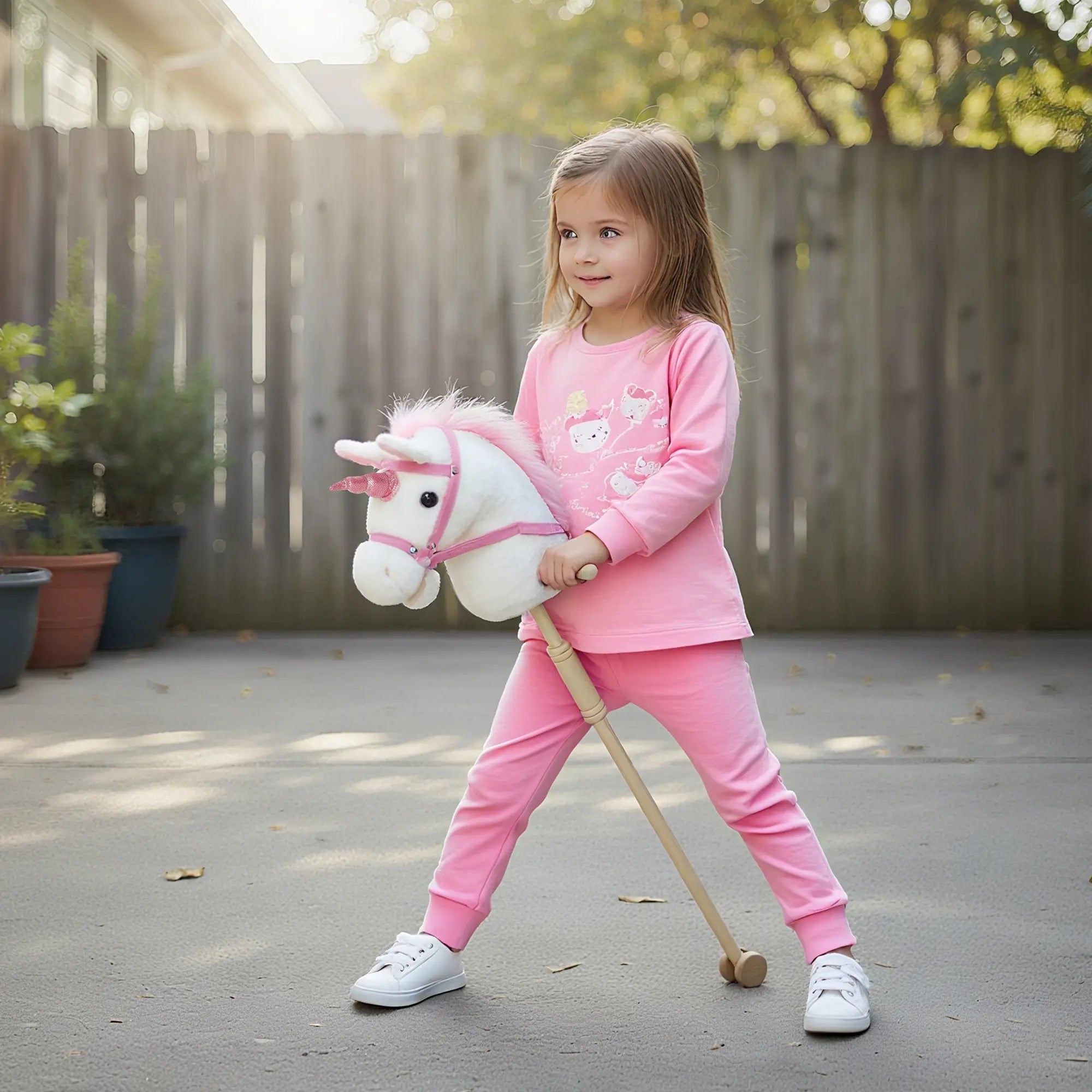 Unicorn Stick Horse, Plush with Wood Wheels, Neighing Sounds, White Rocking Horses at Gallery Canada