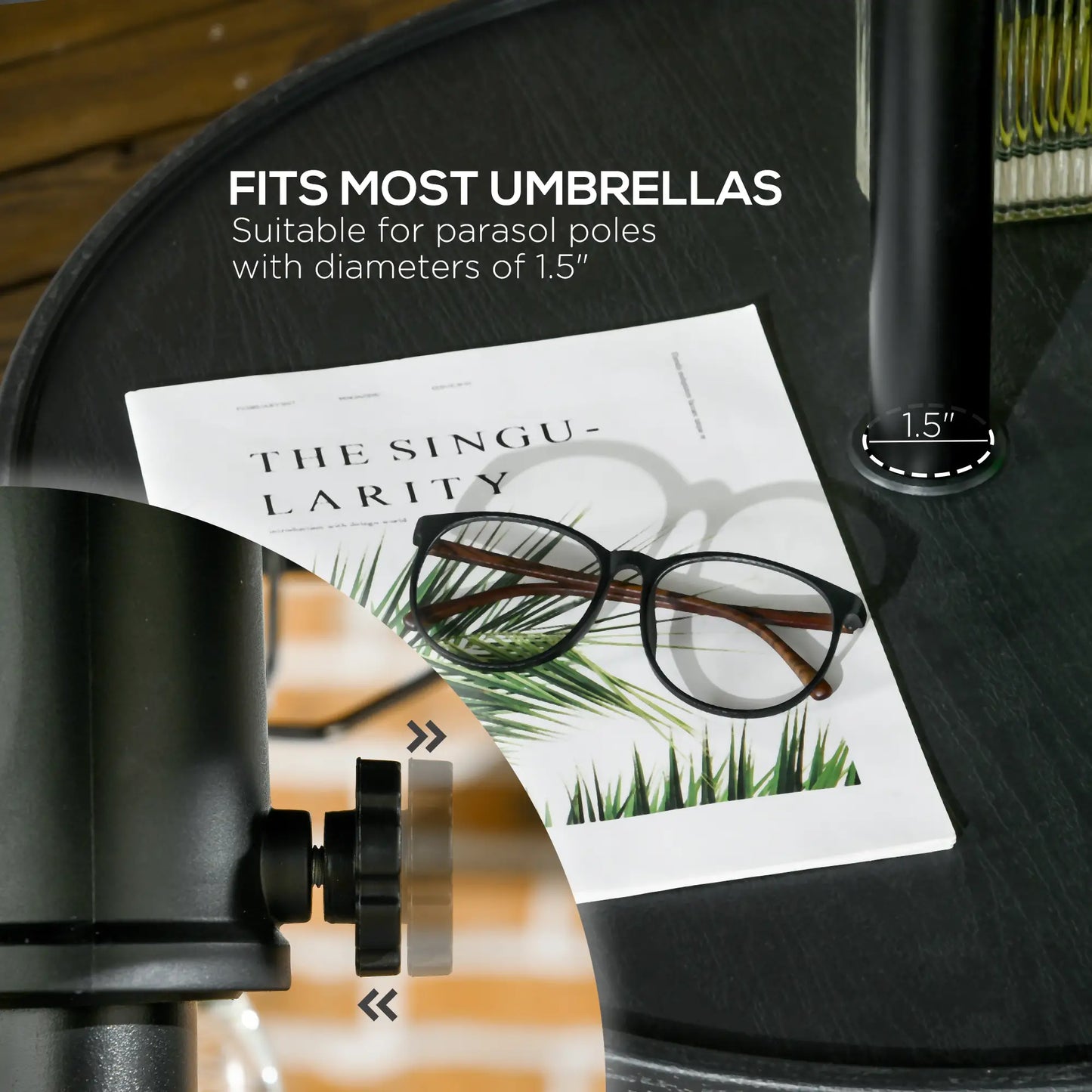 Beach Umbrella Table Tray, Wine Glass Holder, Foldable Towel Rack, 23.6", Black Patio Umbrellas at Gallery Canada