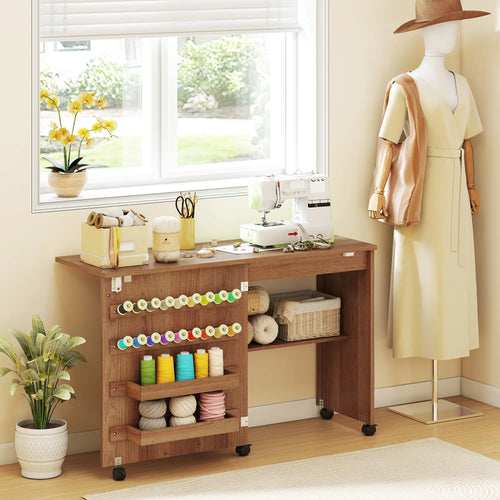 Sewing Machine Table on Wheels, Folding Craft Table with Storage, Brown