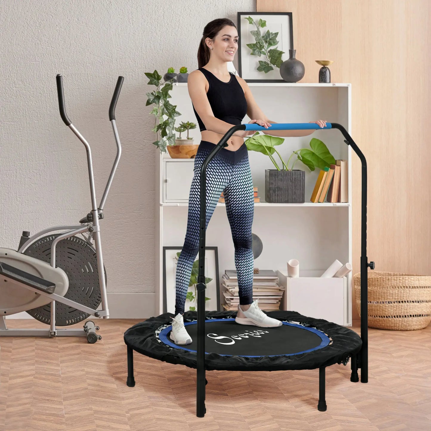 40" Foldable Mini Fitness Trampoline, Adjustable Foam Handle, Blue Trampolines at Gallery Canada
