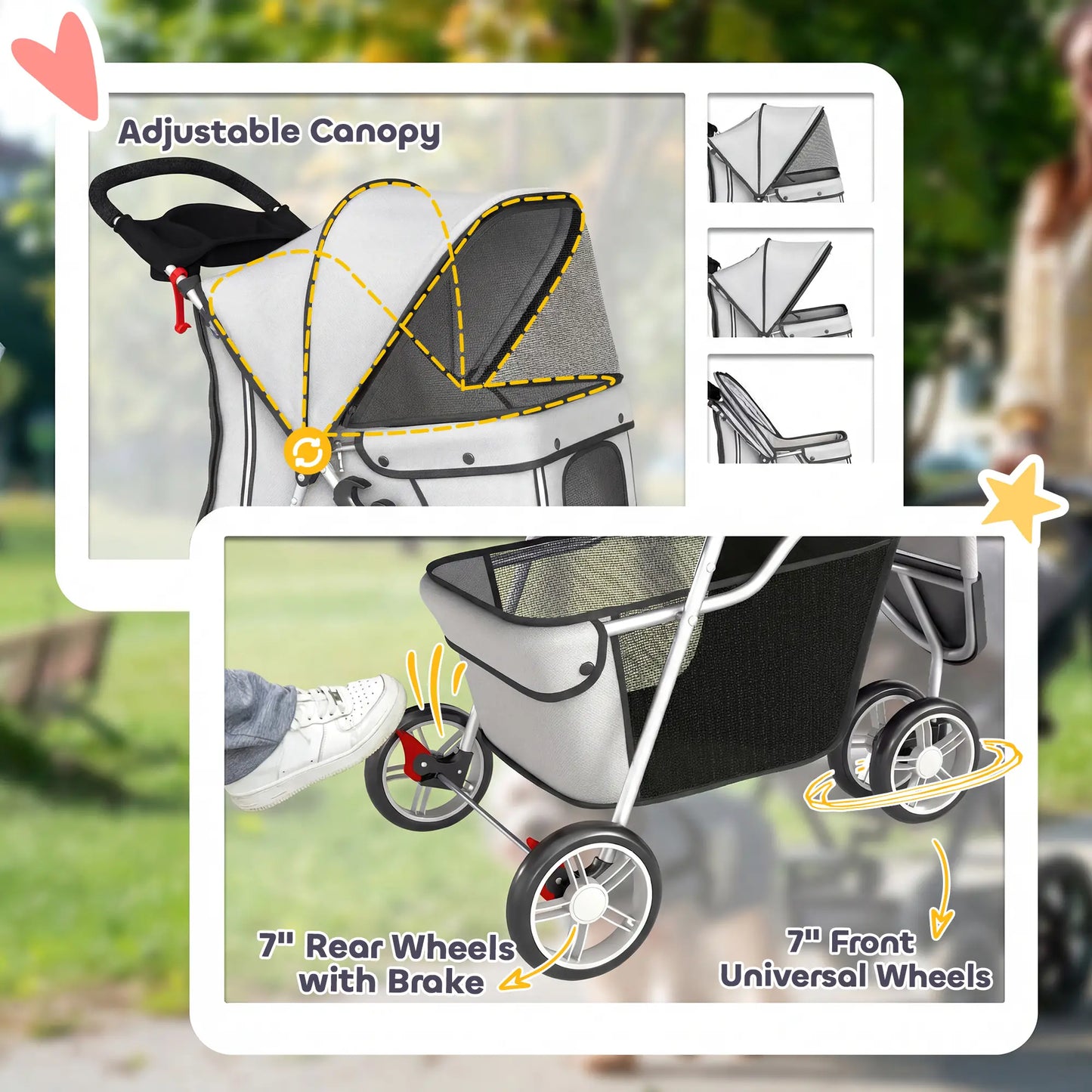 Foldable Dog Stroller, 3 Wheels, Storage Basket, Adjustable Canopy, Grey Dog Bike Trailers & Strollers at Gallery Canada