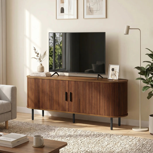 TV Stand for TVs up to 60", Modern Entertainment Center with Curved Sliding Doors, Walnut Brown TV Stands Walnut Brown, Black at Gallery Canada