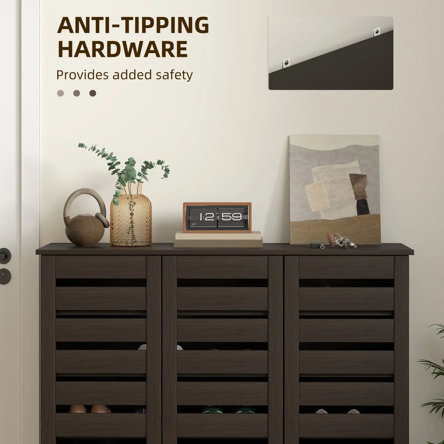 Narrow Shoe Cabinet, Slatted Doors, Adjustable Shelves, 20 Pairs, Dark Brown Shoe Storage Cabinets & Racks at Gallery Canada