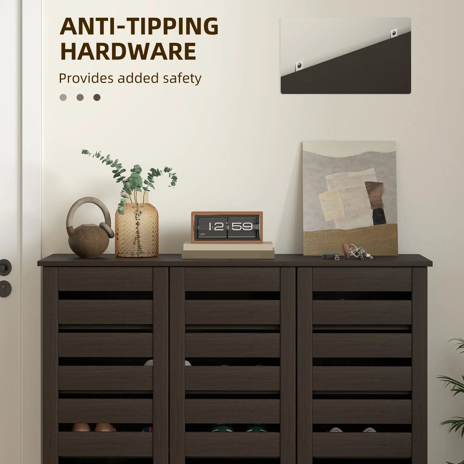 Narrow Shoe Cabinet, Slatted Doors, Adjustable Shelves, 20 Pairs, Dark Brown Shoe Storage Cabinets & Racks at Gallery Canada