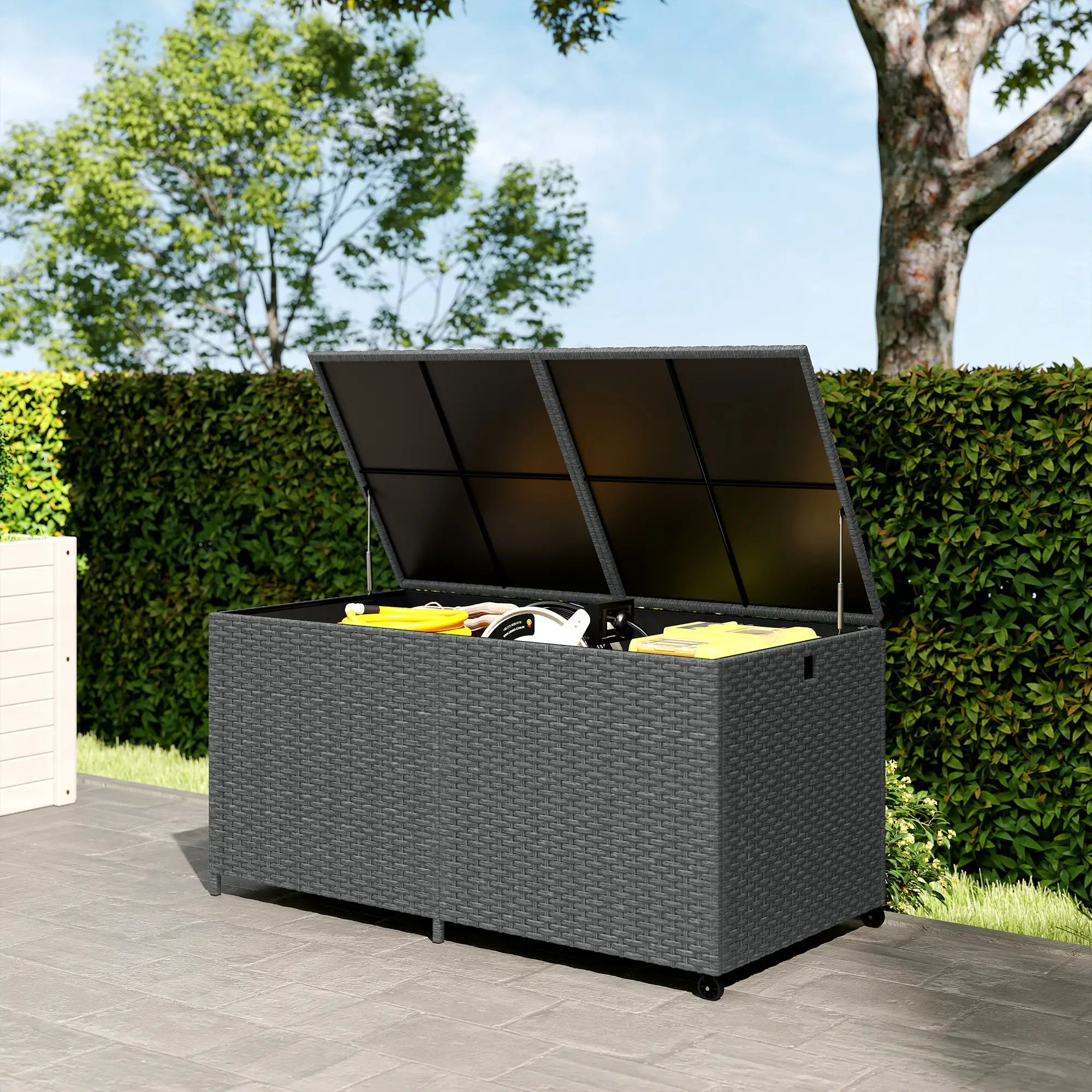 162 Gallon Rattan Deck Box With Wheels, Waterproof Zippered Liner, Pneumatic Rod Patio Storage Boxes at Gallery Canada