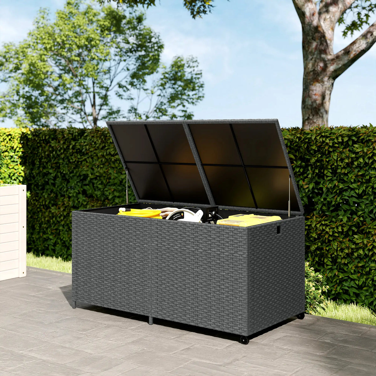 162 Gallon Rattan Deck Box With Wheels, Waterproof Zippered Liner, Pneumatic Rod Patio Storage Boxes at Gallery Canada
