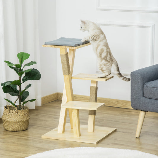 31" Cat Tree Kitty Activity Center Pinewood Cat Climbing Toy Indoor Outdoor Pet Furniture with Jute Scratching Post Perch Cushion Natural - Gallery Canada