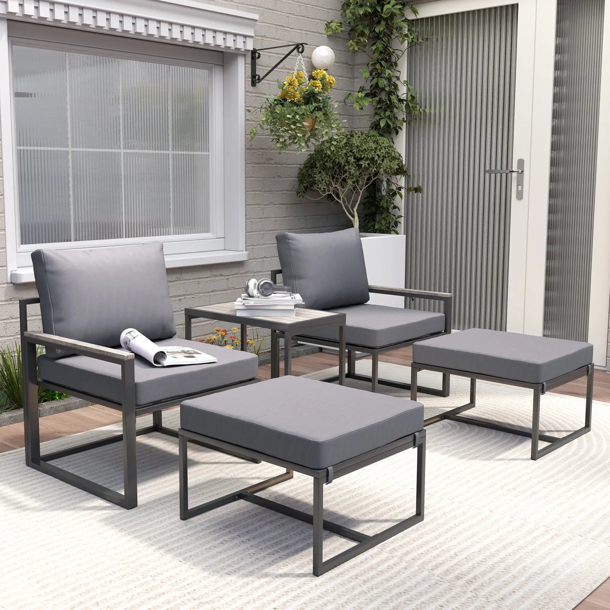 5-Piece Outdoor Patio Furniture Set, Small Sofa with Ottomans, Cushions, Grey Patio Furniture Sets at Gallery Canada