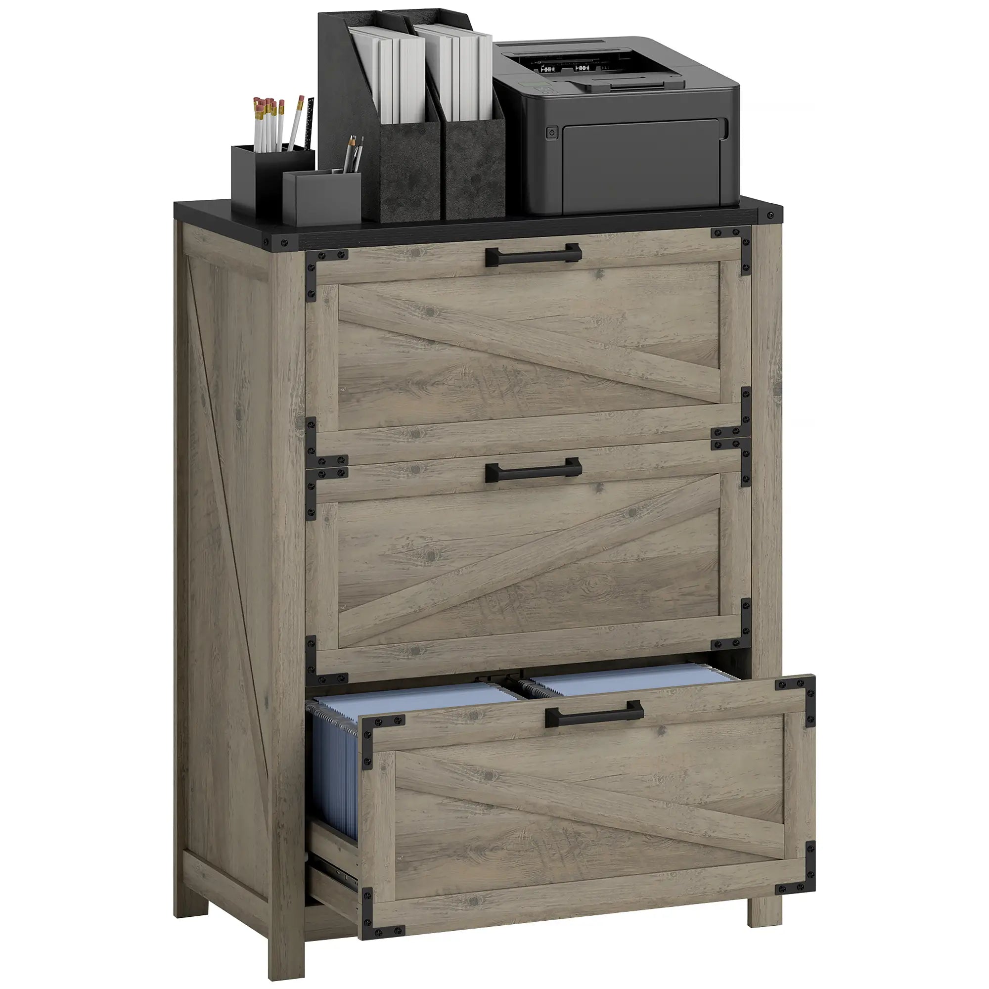 3 Drawer Filing Cabinet, Farmhouse Office Storage, Adjustable Hanging Bars, Grey Office Cabinets & Cupboards at Gallery Canada