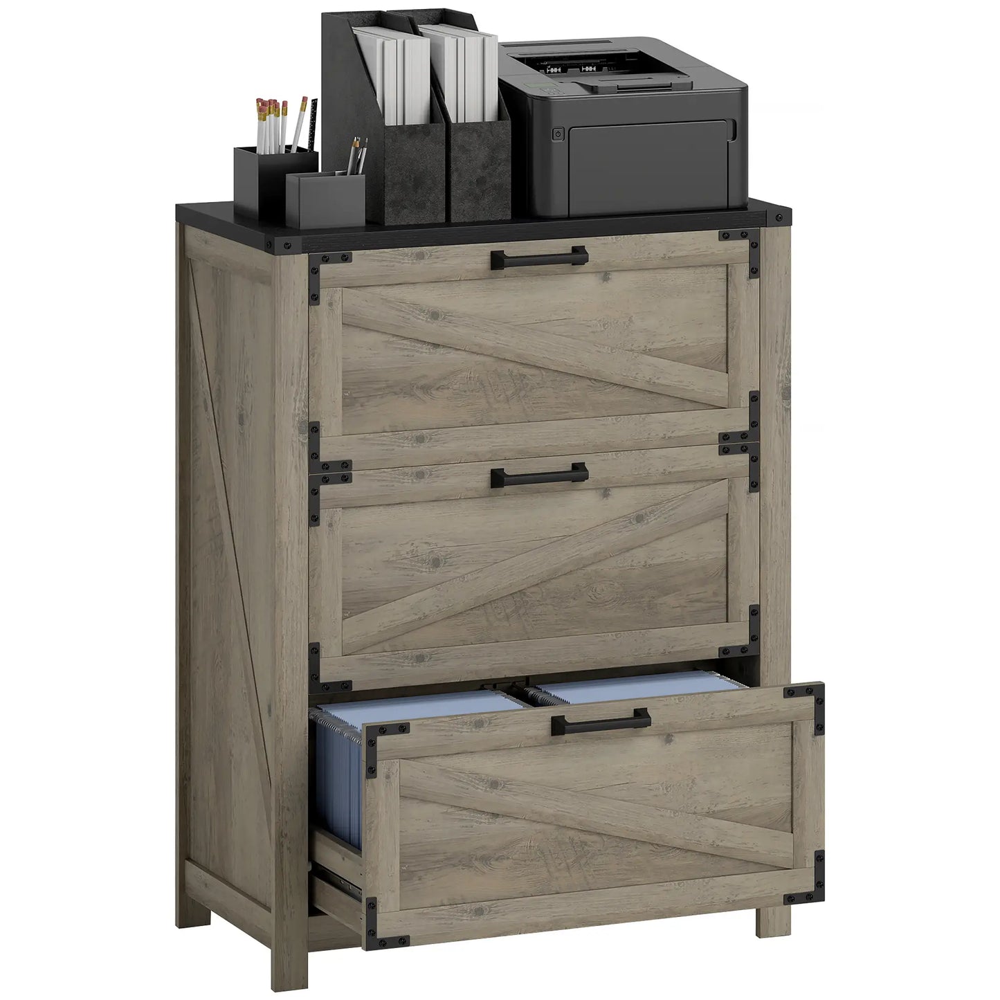 3 Drawer Filing Cabinet, Farmhouse Office Storage, Adjustable Hanging Bars, Grey Office Cabinets & Cupboards at Gallery Canada