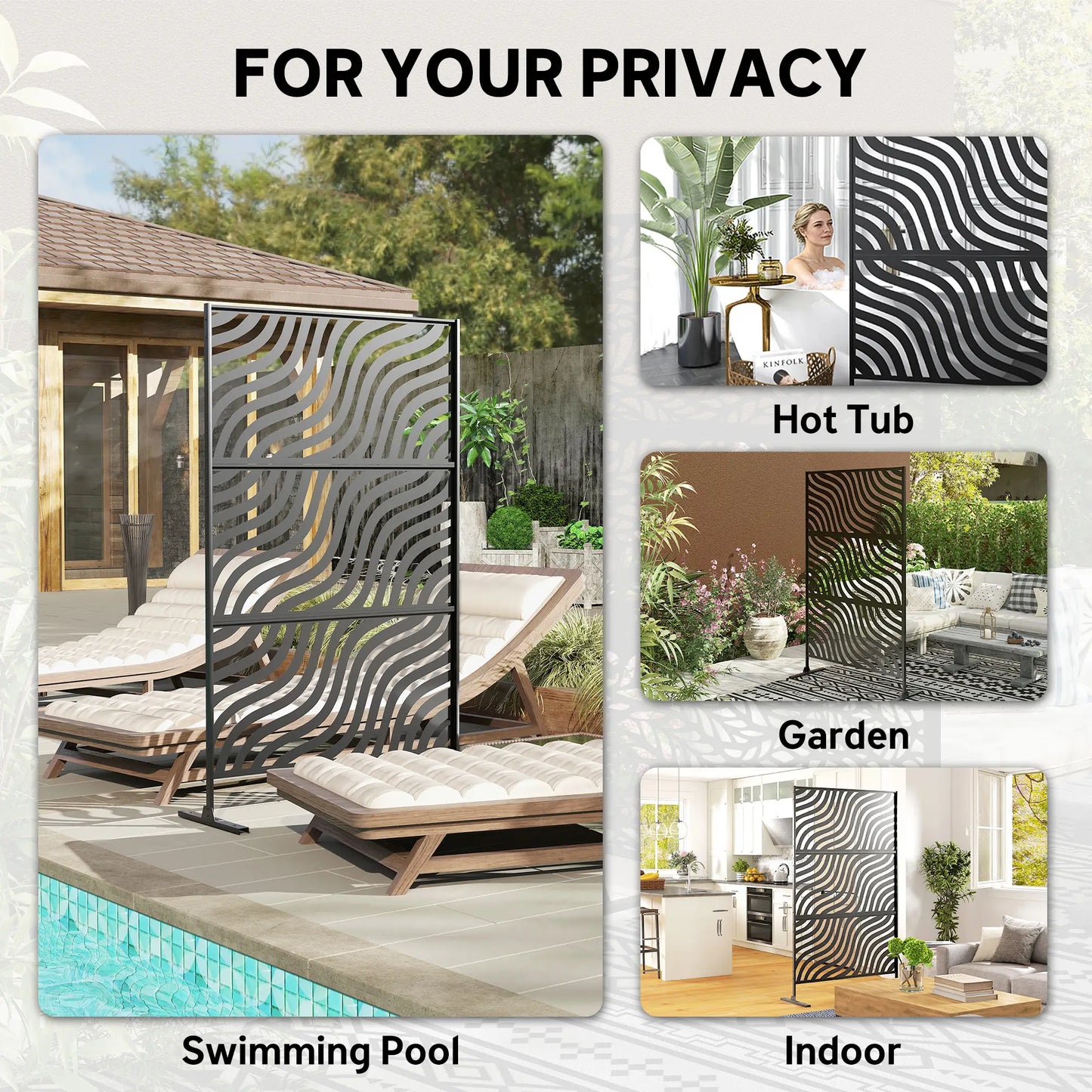 78" X 48" Metal Outdoor Privacy Screen, Freestanding Divider, Black