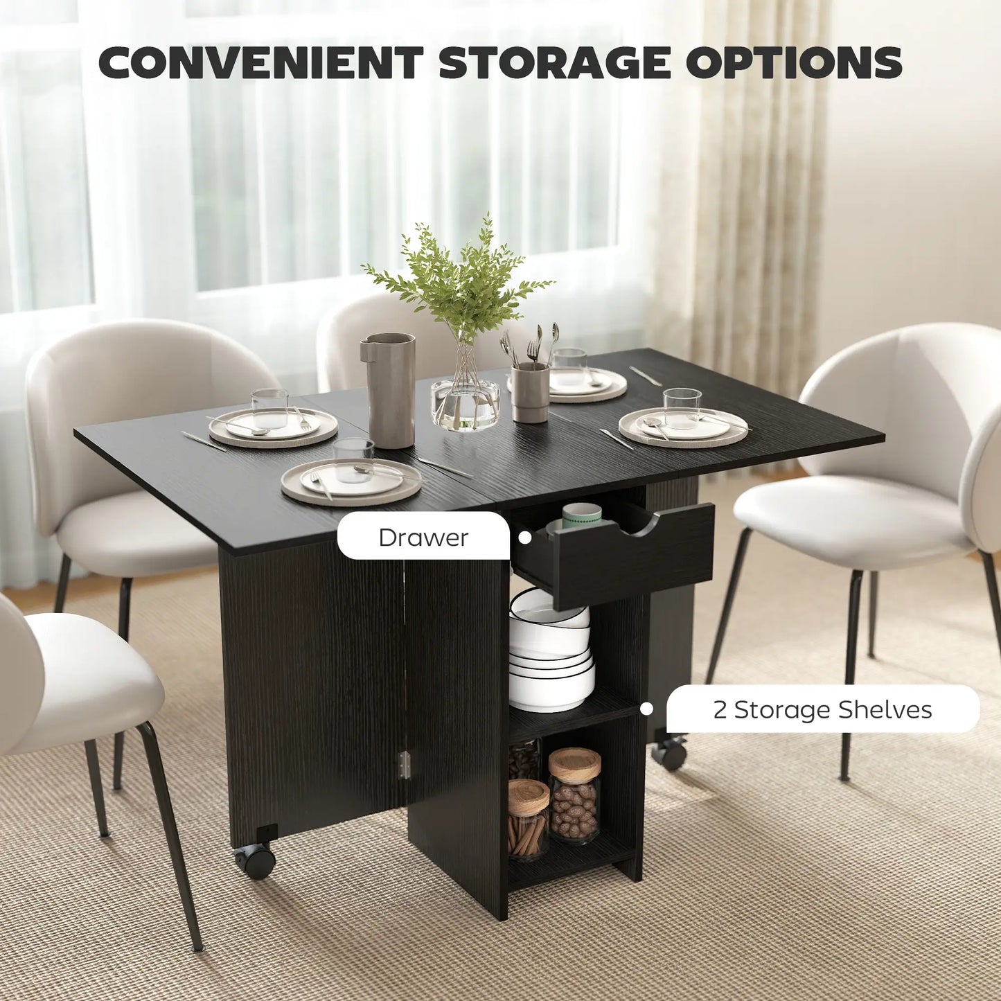 Folding Drop Leaf Kitchen Table with Drawer and Shelves, Black Dining Tables at Gallery Canada