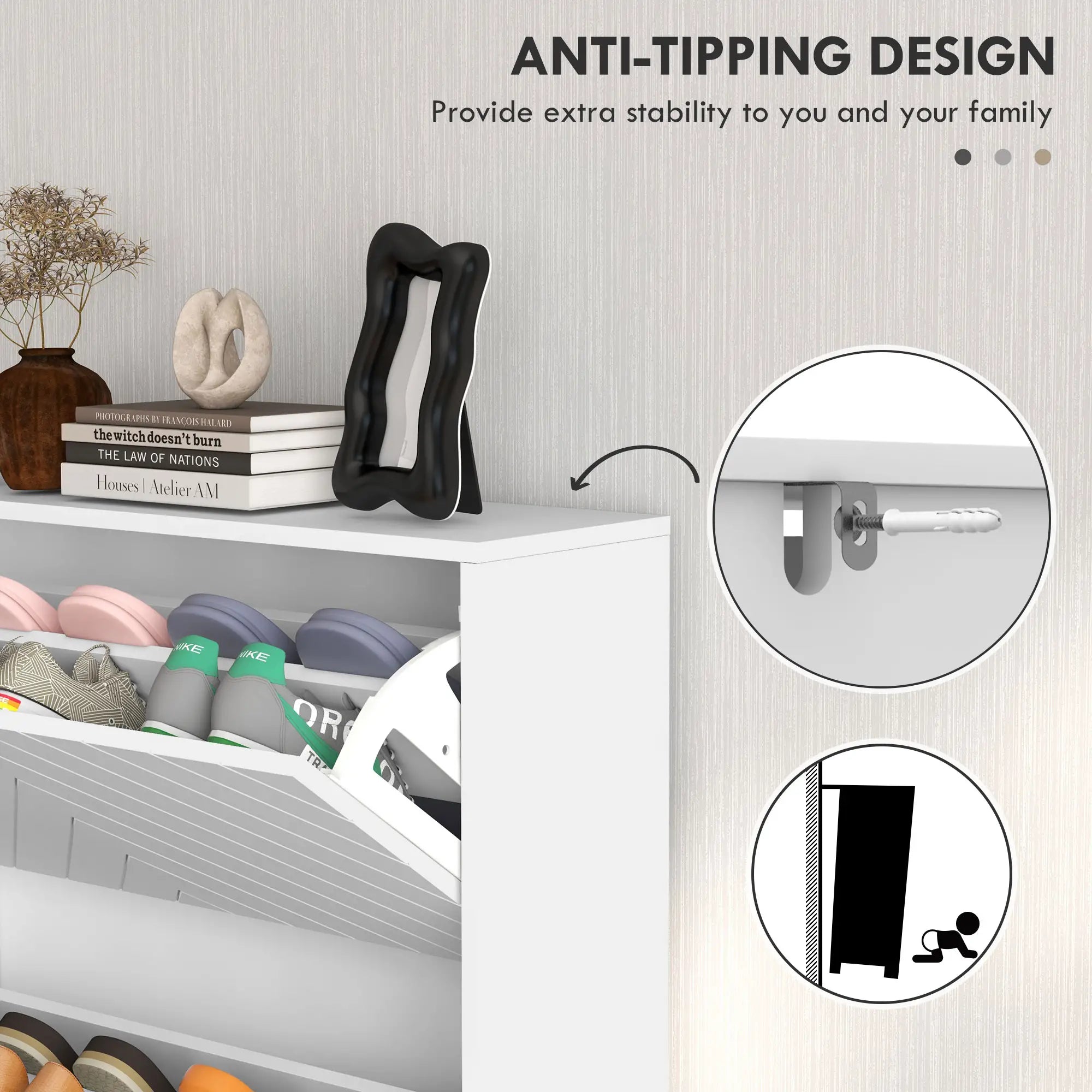 Modern Shoe Storage Cabinet, 3 Flip Drawers for 18 Pairs, Narrow, White Shoe Storage Cabinets & Racks at Gallery Canada