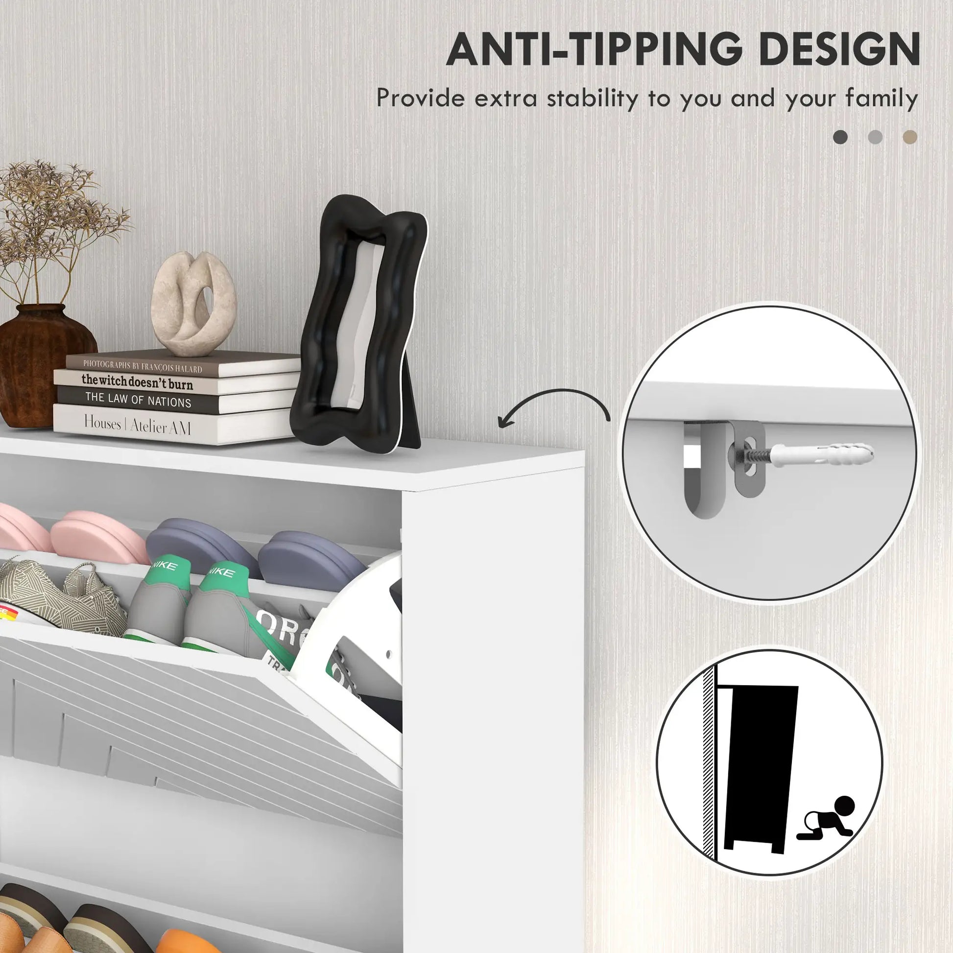 Modern Shoe Storage Cabinet, 3 Flip Drawers for 18 Pairs, Narrow, White Shoe Storage Cabinets & Racks at Gallery Canada