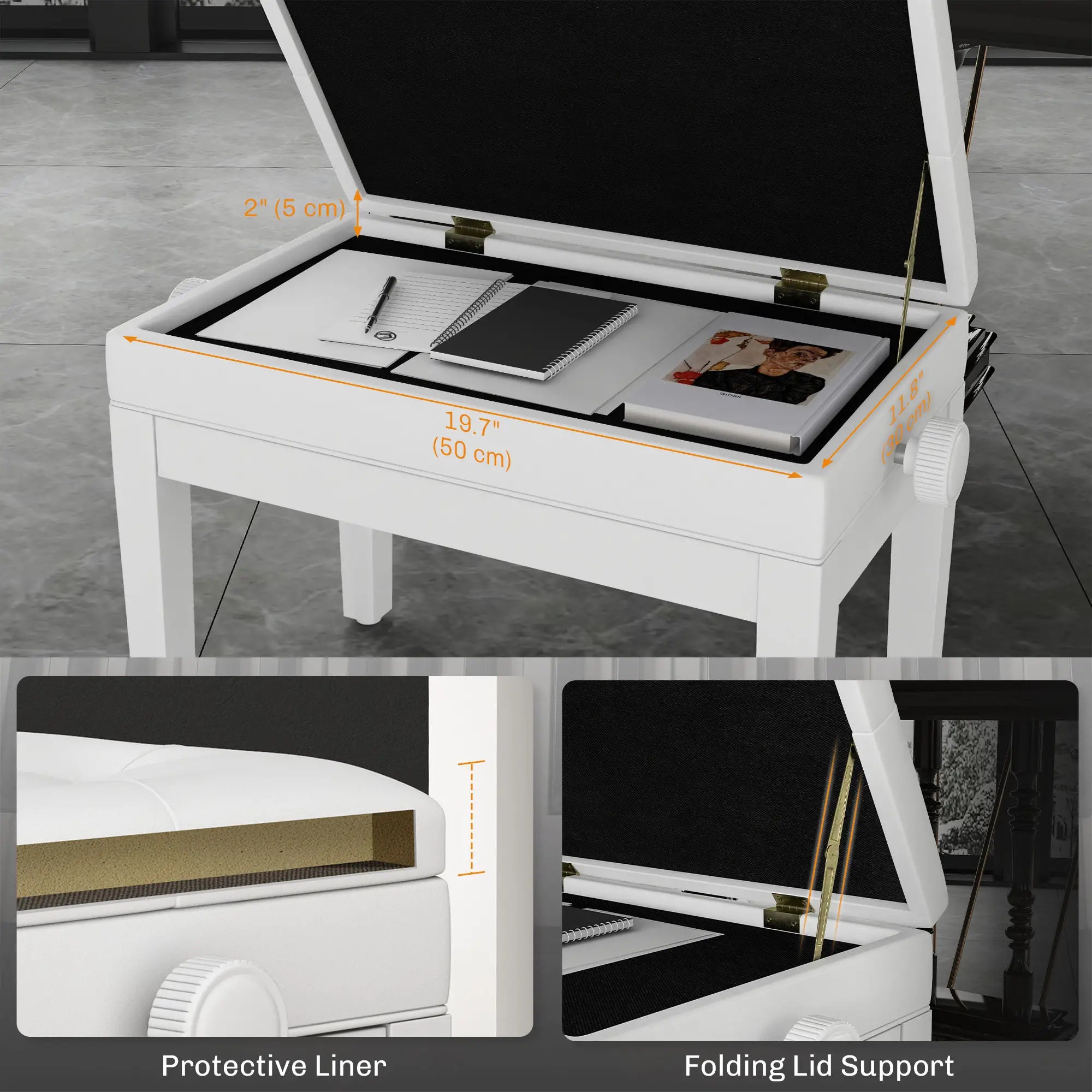 Adjustable Piano Bench, Storage, Soft PU Leather Padded, White Piano Benches at Gallery Canada