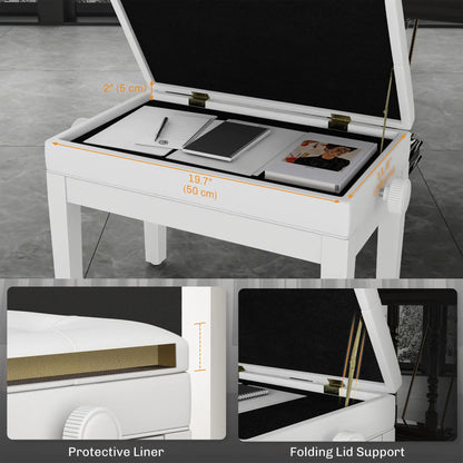 Adjustable Piano Bench, Storage, Soft PU Leather Padded, White Piano Benches at Gallery Canada