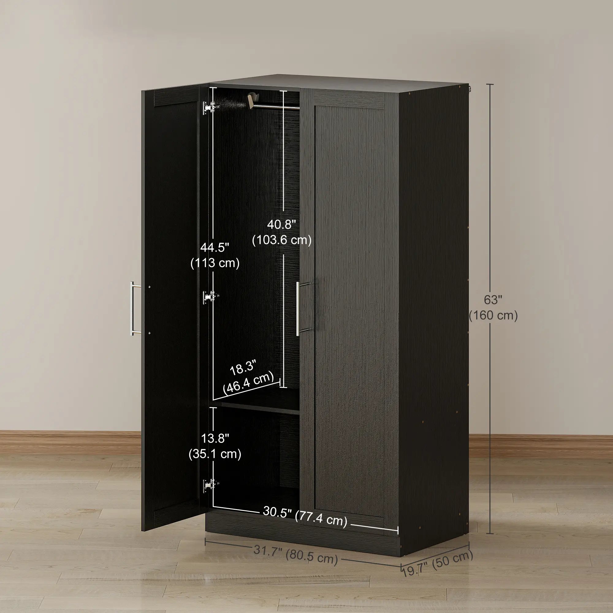 Modern Armoire Wardrobe Cabinet, 2 Doors With Hanging Rod, Black Wood Effect, Black Clothing Storage at Gallery Canada