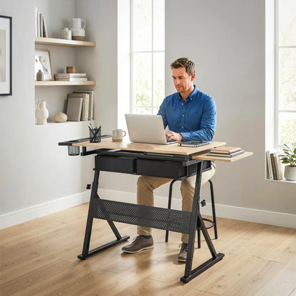 Adjustable Drafting Table, Art Desk With Stool And Storage Drawers, Oak Writing Desks at Gallery Canada