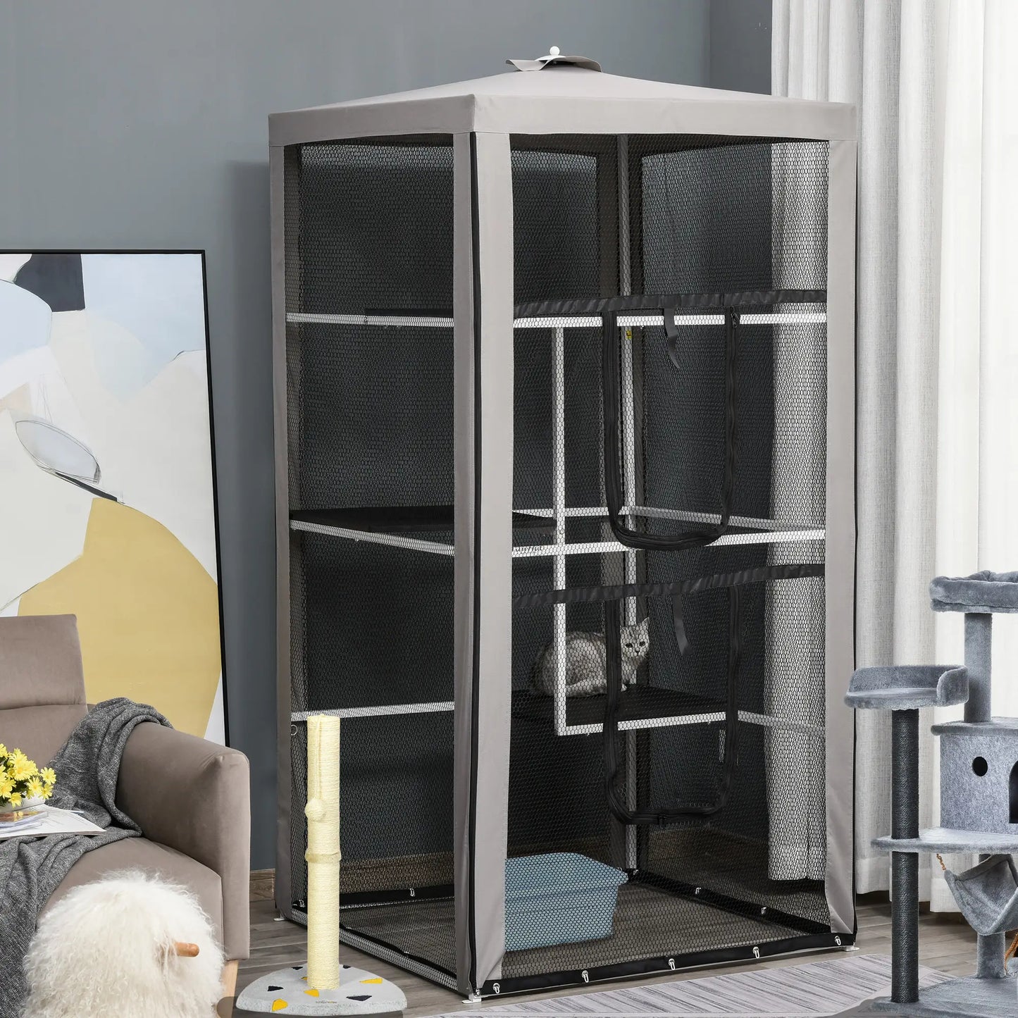 79" Cat Cage, Large Outdoor Kitten House, Indoor Pet Kennel, Grey Outdoor Cat Enclosures Grey, White and Black at Gallery Canada