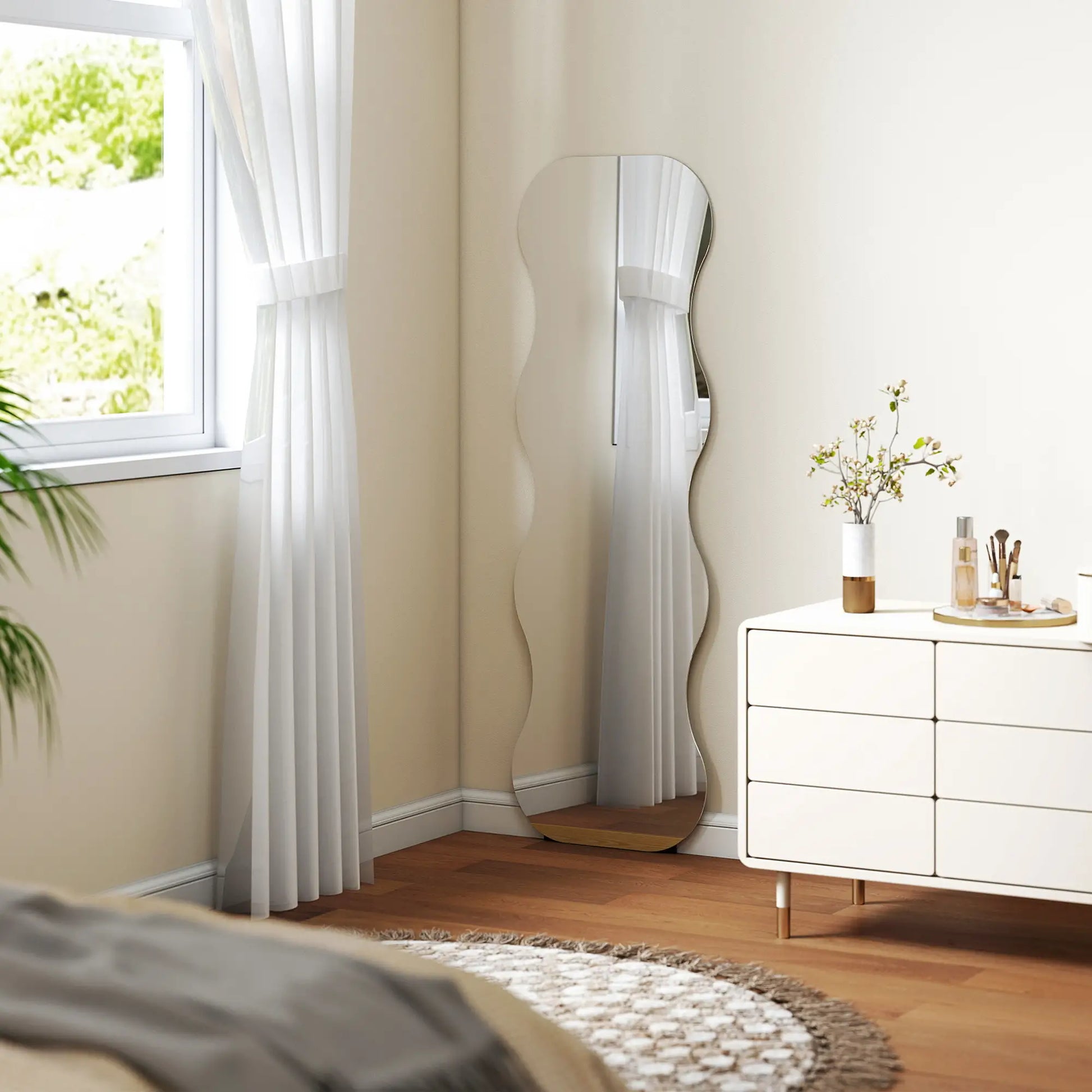 64" x 21" Full Length Mirror, Irregular Wavy Frameless with Pine Wood Base, Black Full Length Mirrors at Gallery Canada