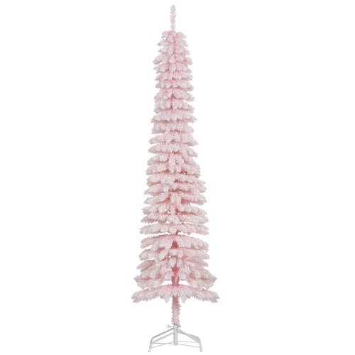7ft Snow-Flocked Slim Pencil Christmas Tree, 490 Branches, Metal Base, Pink