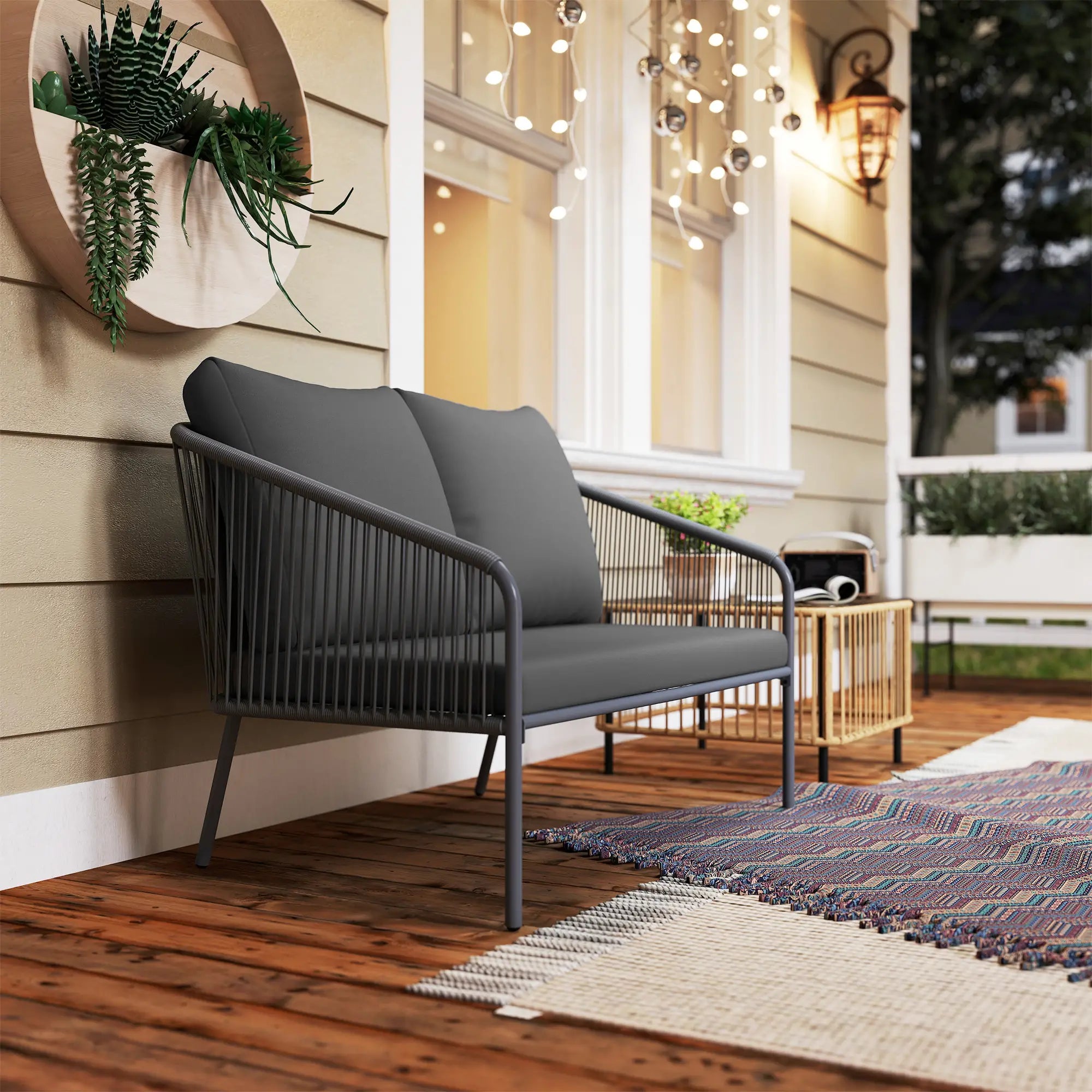 Outdoor Rattan Sofa With Cushions, 2-Seater, 112 x 72 x 76 cm, Grey Patio Furniture Sets at Gallery Canada