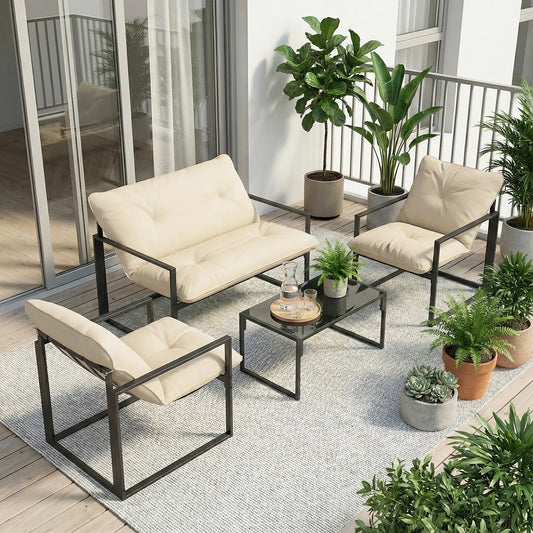 4pc Outdoor Furniture Set, Patio Conversation Set, Tempered Glass Table, Beige Patio Furniture Sets Grey, Beige, Black at Gallery Canada