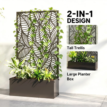 Metal Planter Box With Trellis, 44.5" Raised Garden Bed, Leaves Cut-Out Galvanized Planter Boxes at Gallery Canada