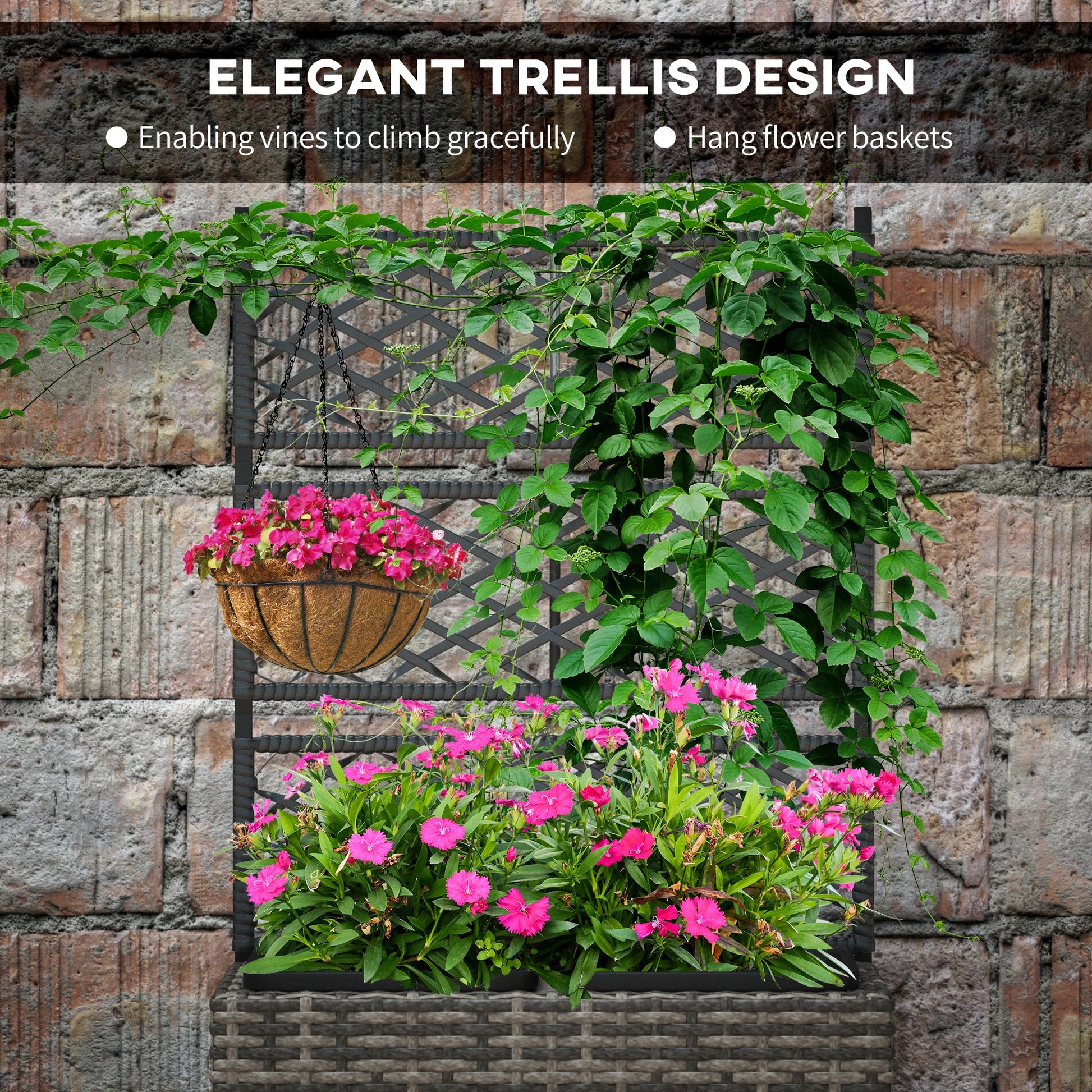 22L Raised Garden Box with Trellis, PE Rattan, Two Plant Boxes, Mixed Grey, Grey Elevated Garden Beds at Gallery Canada