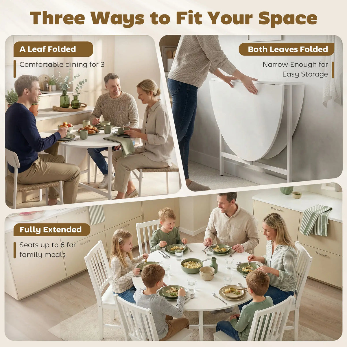 47" Round Drop Leaf Dining Table, Steel Frame, For 3-6 People, White Dining Tables at Gallery Canada