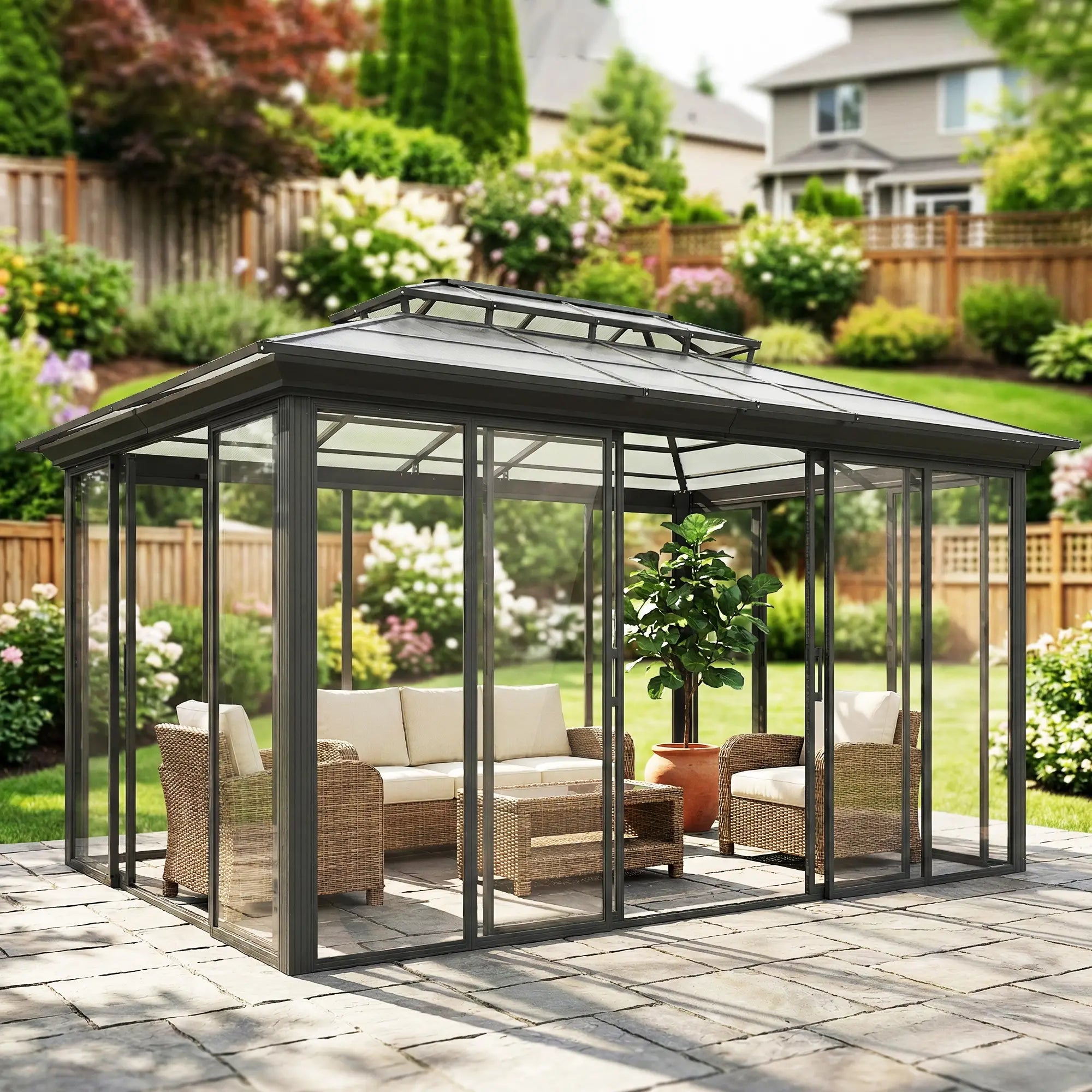 10' x 14' Aluminum Hardtop Gazebo, Sliding Doors, Double Roof, Dark Grey Gazebos at Gallery Canada