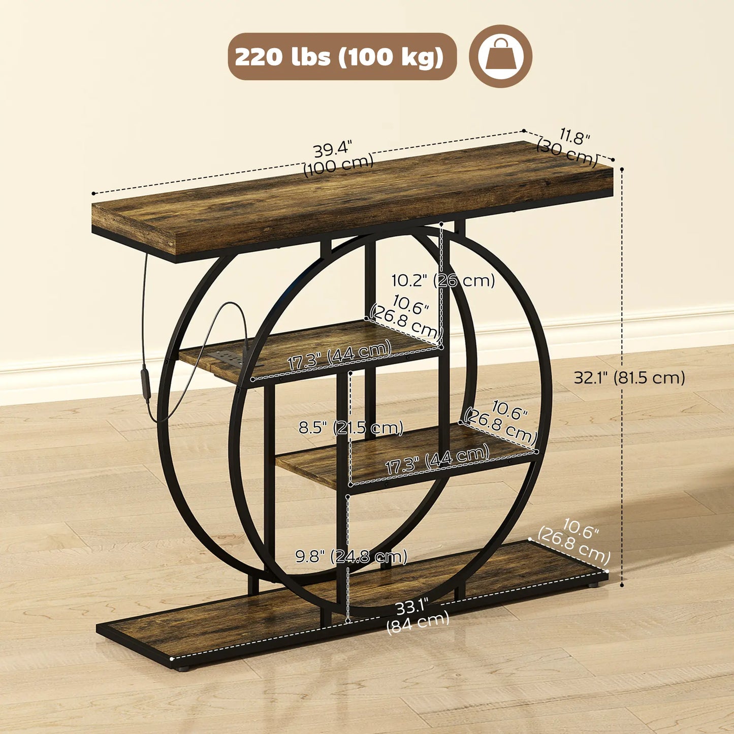 4-Tier Console Table With Charging Station, LED Lights, 39", Rustic Brown Console Tables at Gallery Canada