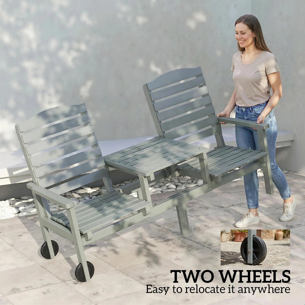 Outdoor Bench With Wheels, Adjustable High Back, 2 Seater Loveseat, Grey Piano Benches at Gallery Canada