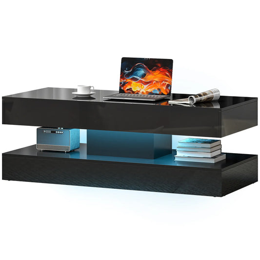 Table Basse LED Réglable, Table de Salon Moderne, 2 Tiroirs, Étagère Ouverte, Télécommande, Noir Brillant