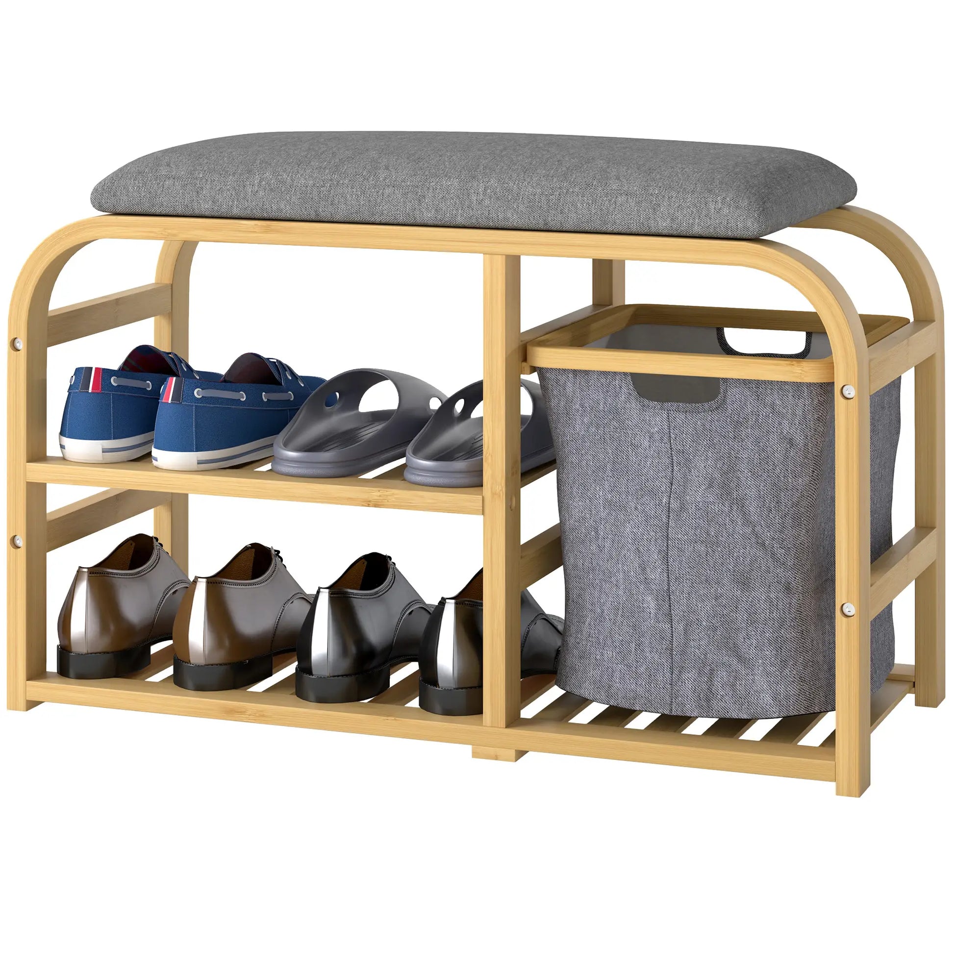 Bamboo Entryway Bench, Shoe Storage with Cushion, Slat Shelves, Pull-Out Basket Storage Ottomans & Benches Nature Wood, Grey at Gallery Canada