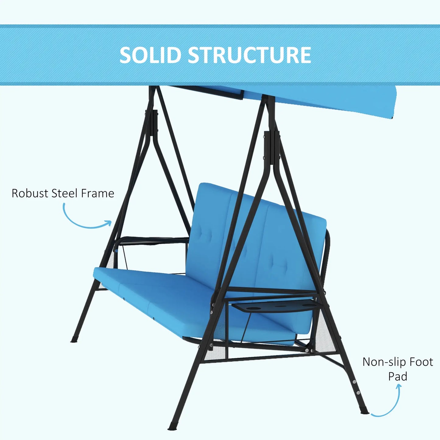 3-Seat Outdoor Porch Swing with Canopy, Side Tray, Cushion, Blue Patio Swings with Stand at Gallery Canada