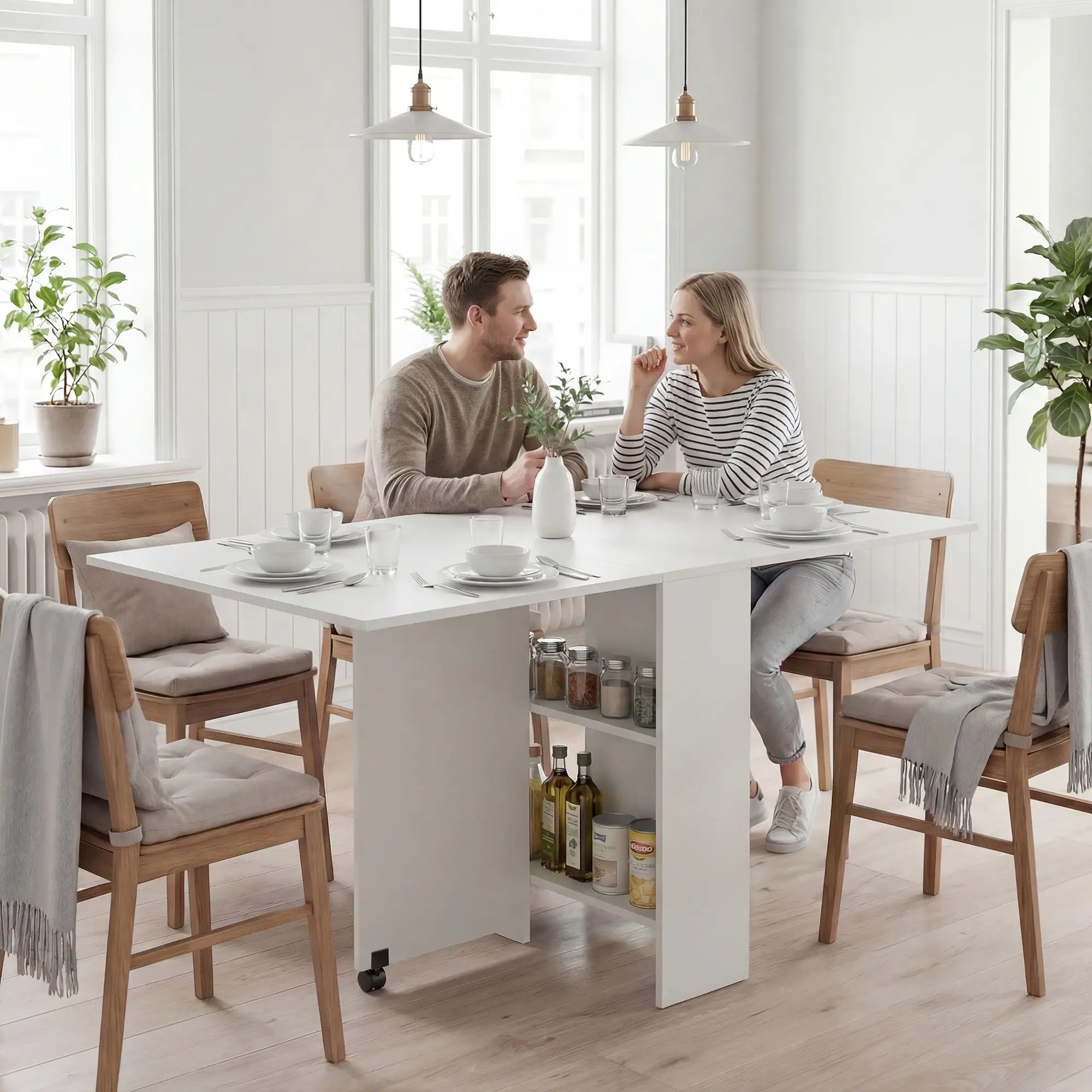 Extendable Dining Table, Collapsible w/ 2-Tier Shelves, Rolling Casters, White Bar Tables & Dining Tables White at Gallery Canada