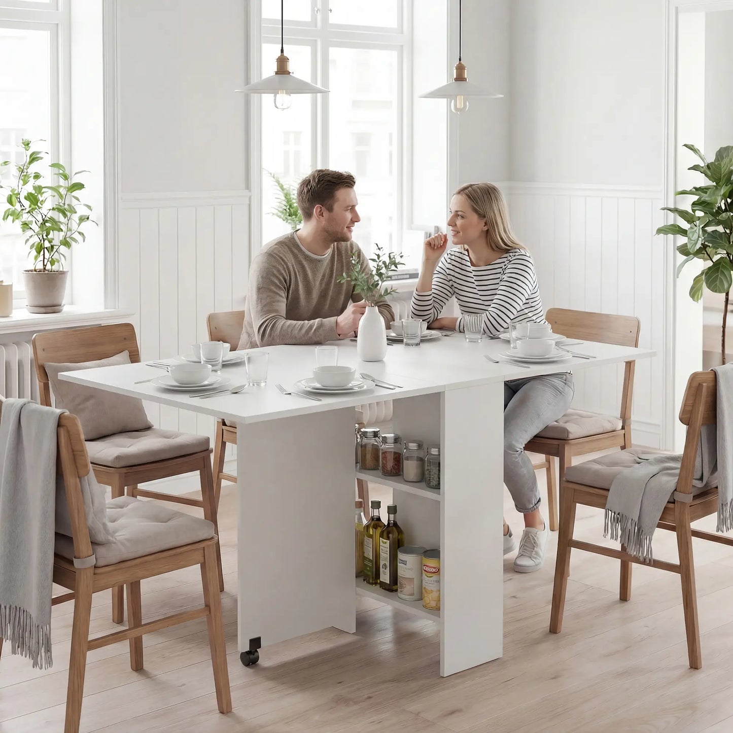 Extendable Dining Table, Collapsible w/ 2-Tier Shelves, Rolling Casters, White Bar Tables & Dining Tables White at Gallery Canada