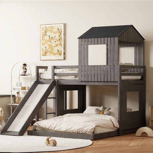 Twin Over Full Bunk Bed, Farmhouse Style, 82" L x 89" W x 82.5" H, Antique Grey Bed Frames Antique Grey at Gallery Canada
